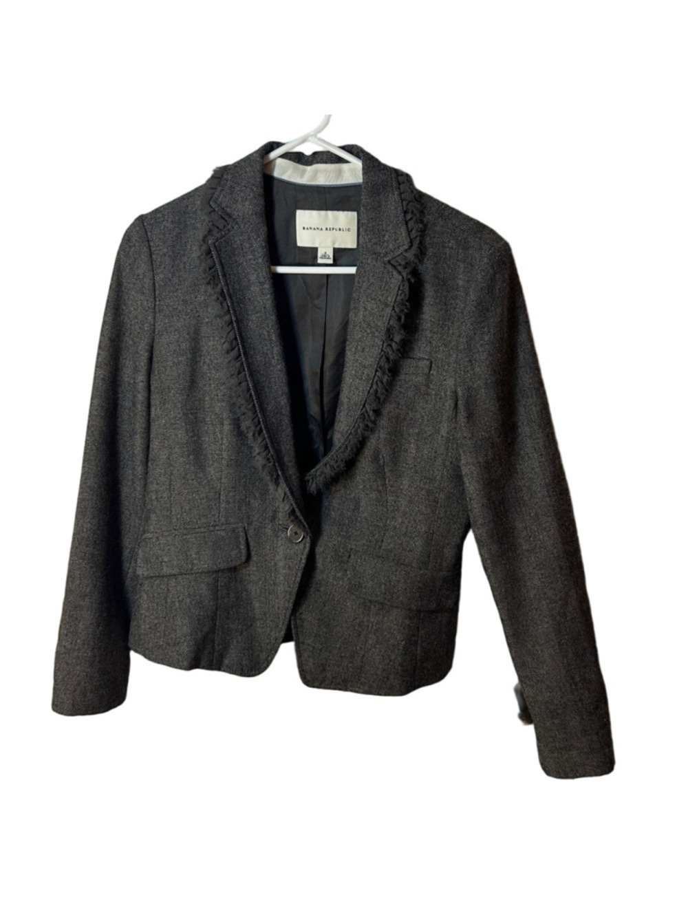 Banana republic wool blend tweed button blazer with fringe collar normcore sz 8